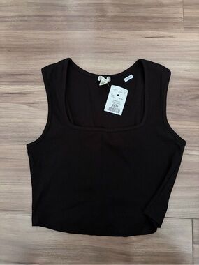 Bozzolo Black Ribbed Square Neck Tank Top